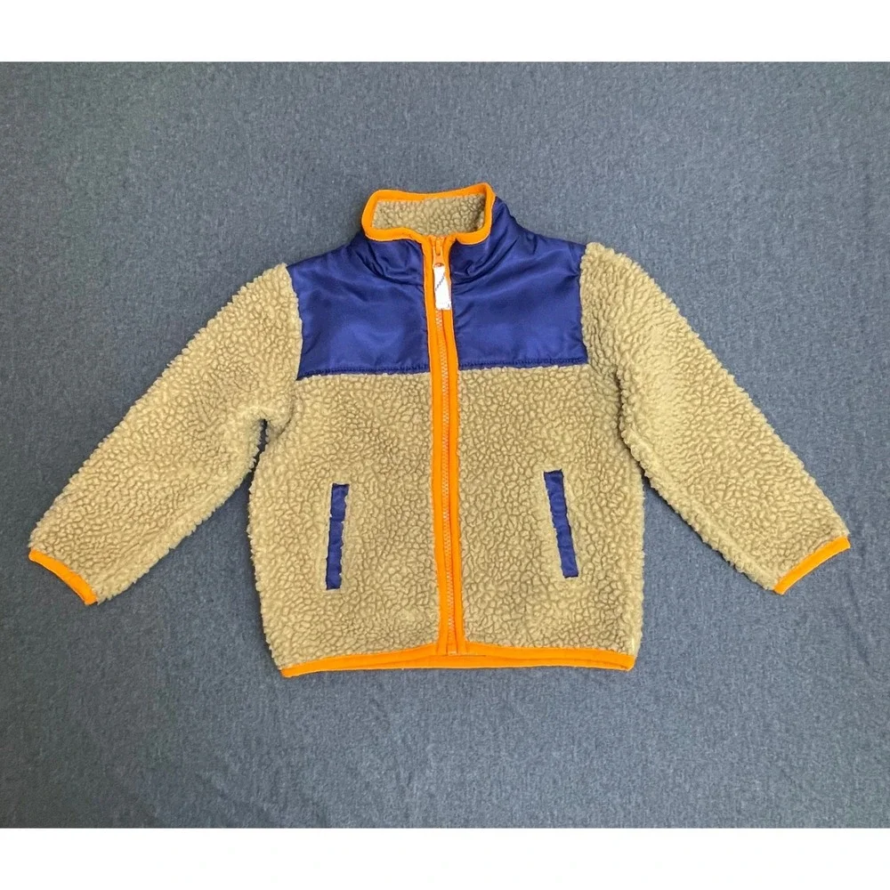 Crewcuts Kids Sherpa Fleece Jacket Size 3 Tan Blue‎ Orange Colorblock Zip Up