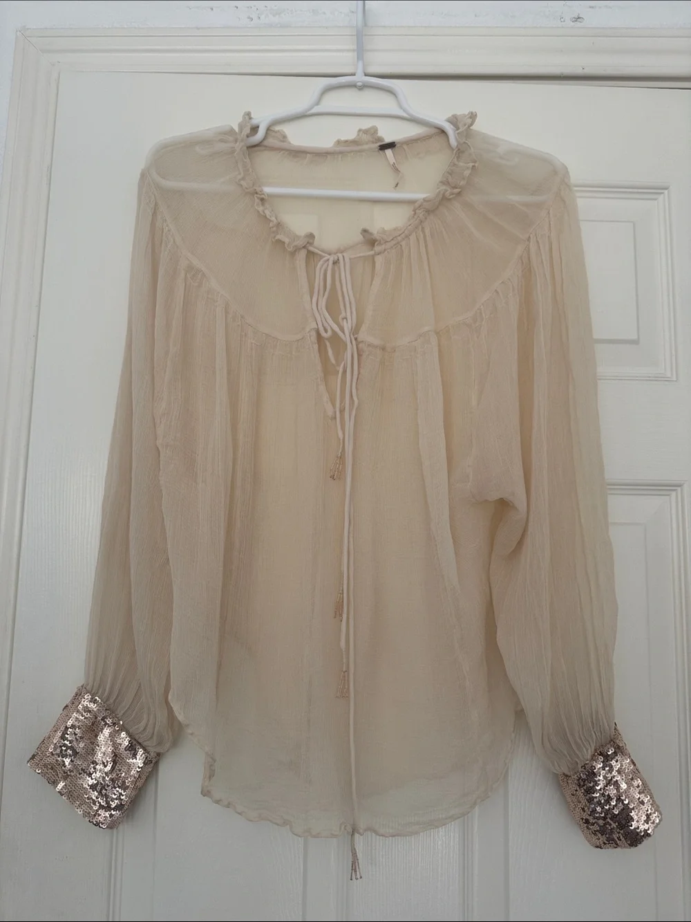 FREE PEOPLE SHIRT BLOUSE SEQUIN CUFF CREAM LONG SLEEVE WHIMSICAL FAIRY FLUTTER
