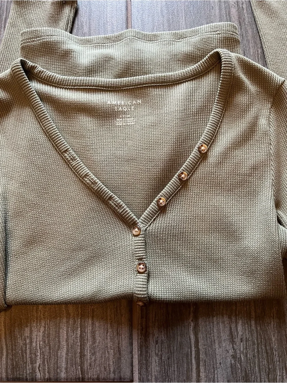 American Eagle Outfitters Olive V-Neck Waffle-Knit Button Sweater