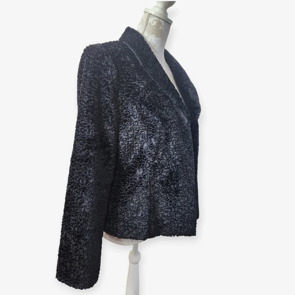 Pursuits Faux Karakul Fur Black Plush Soft Textured Flattering  Coat Sz 10