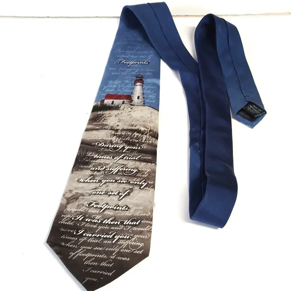 Larson Footprints Lighthouse Tie 1990s 100% Silk Christian Poem Design