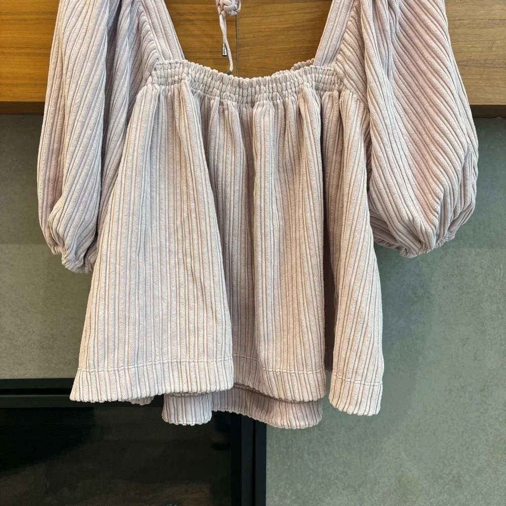 Free People Raquel Cord Puff Sleeve Oversized Textured Blouse, Size M