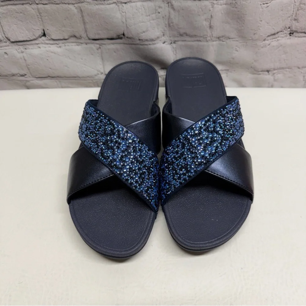 Fitflop Lulu  Navy Blue Beaded Crisscross Slide Sandals size 8 NWOT