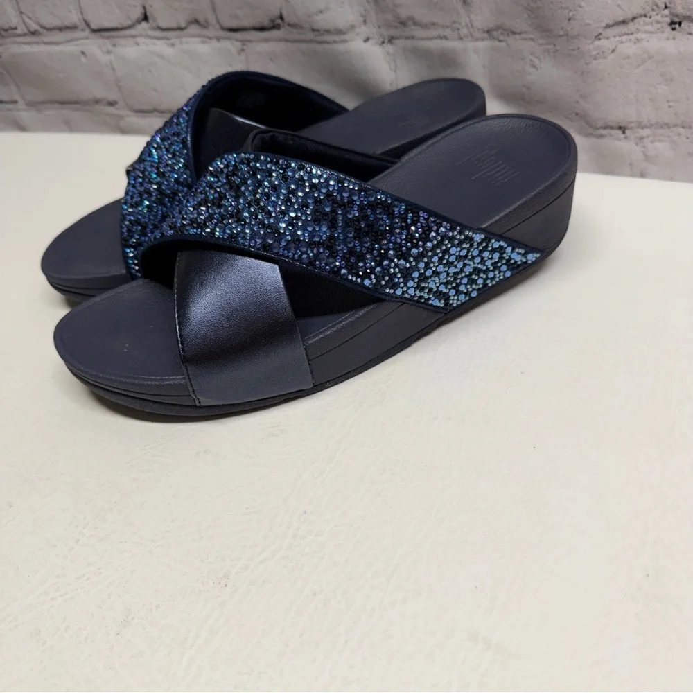 Fitflop Lulu  Navy Blue Beaded Crisscross Slide Sandals size 8 NWOT