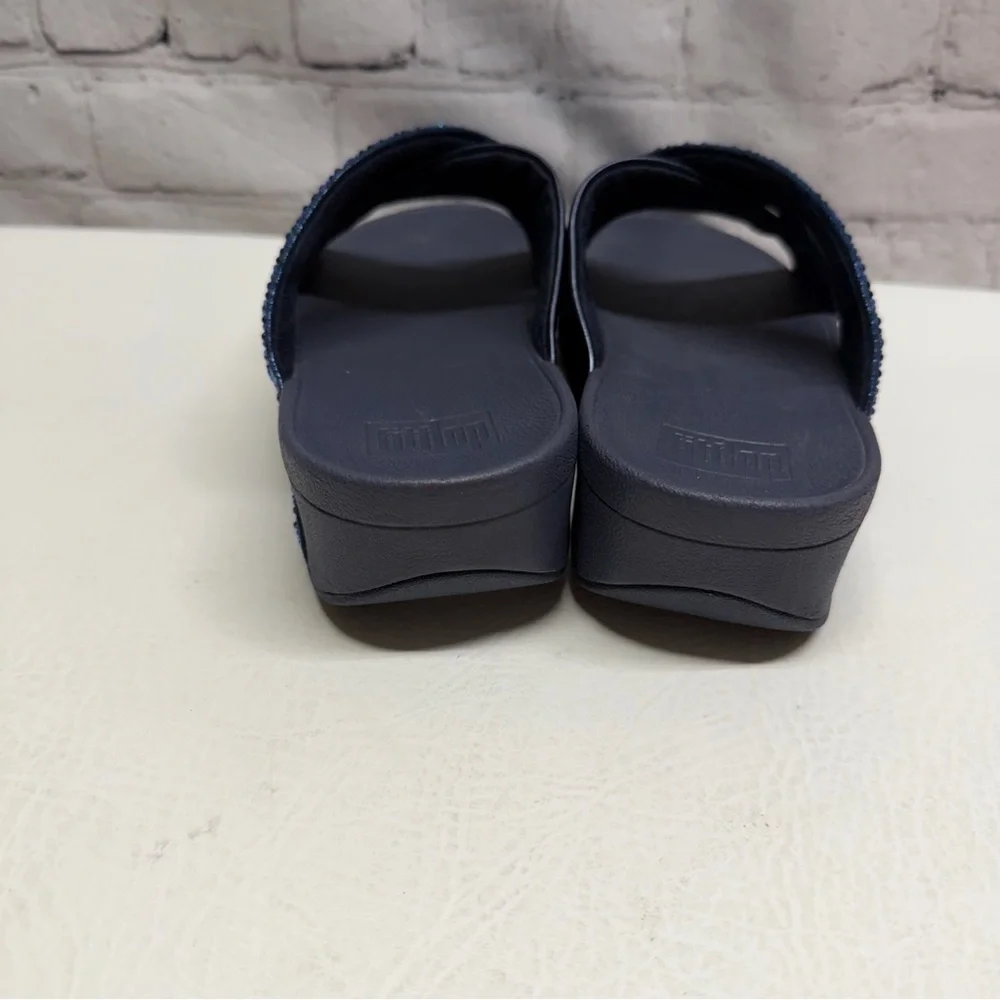 Fitflop Lulu  Navy Blue Beaded Crisscross Slide Sandals size 8 NWOT