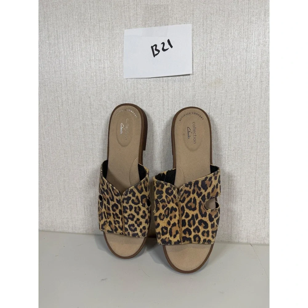 Clarks Declan Flo Leopard Print Flat Slide‎ Sandal Leather 8M
