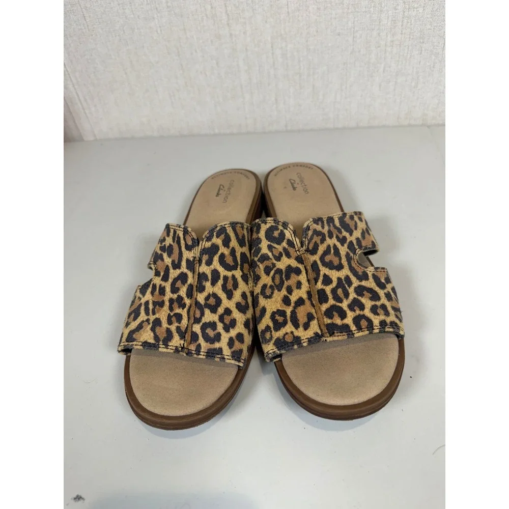 Clarks Declan Flo Leopard Print Flat Slide‎ Sandal Leather 8M