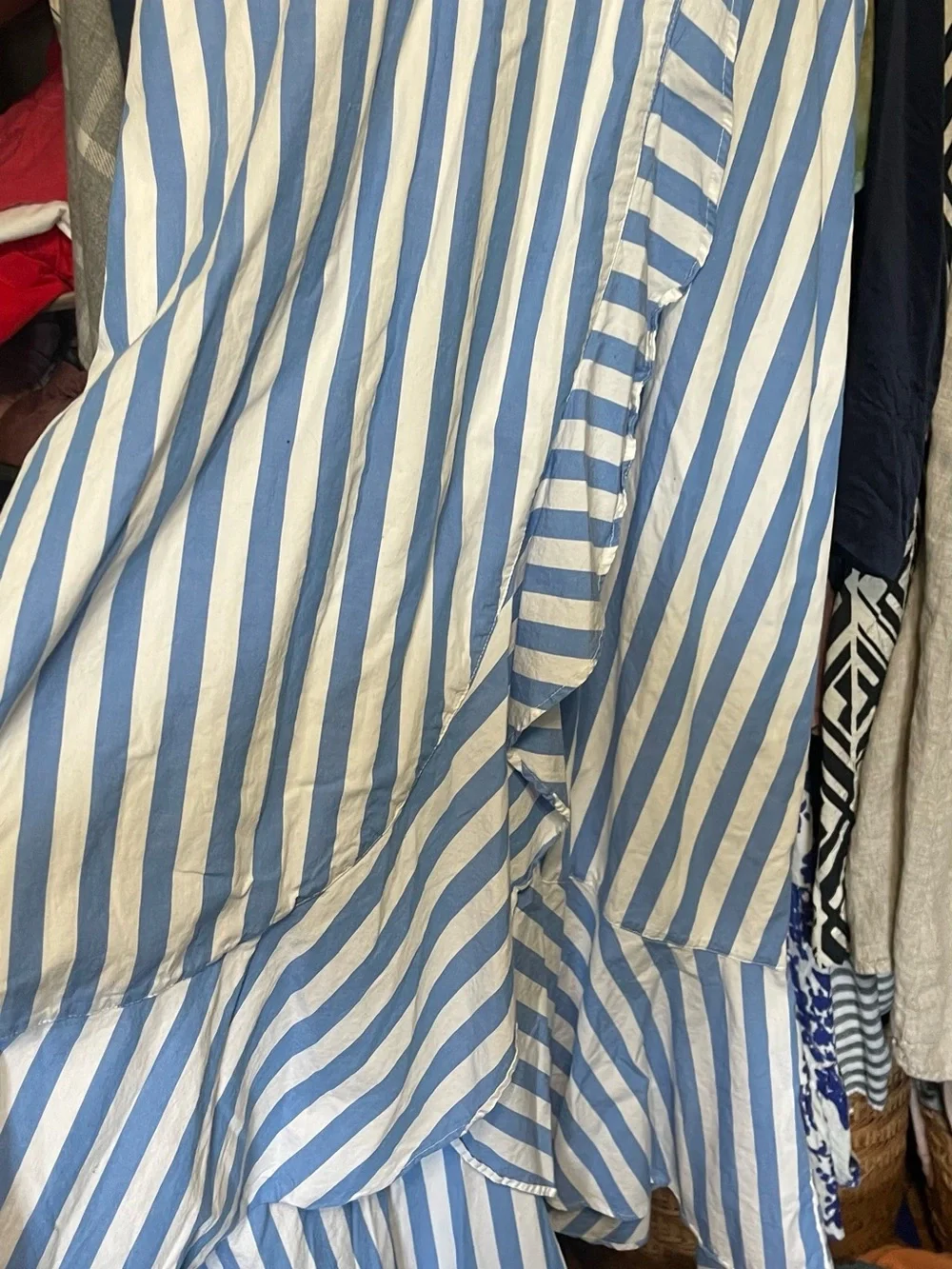Light Blue and White Striped Sleeveless Faux Wrap Dress