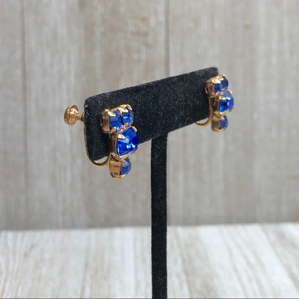 Vintage Blue Glass Rhinestone Screw Back Earrings
