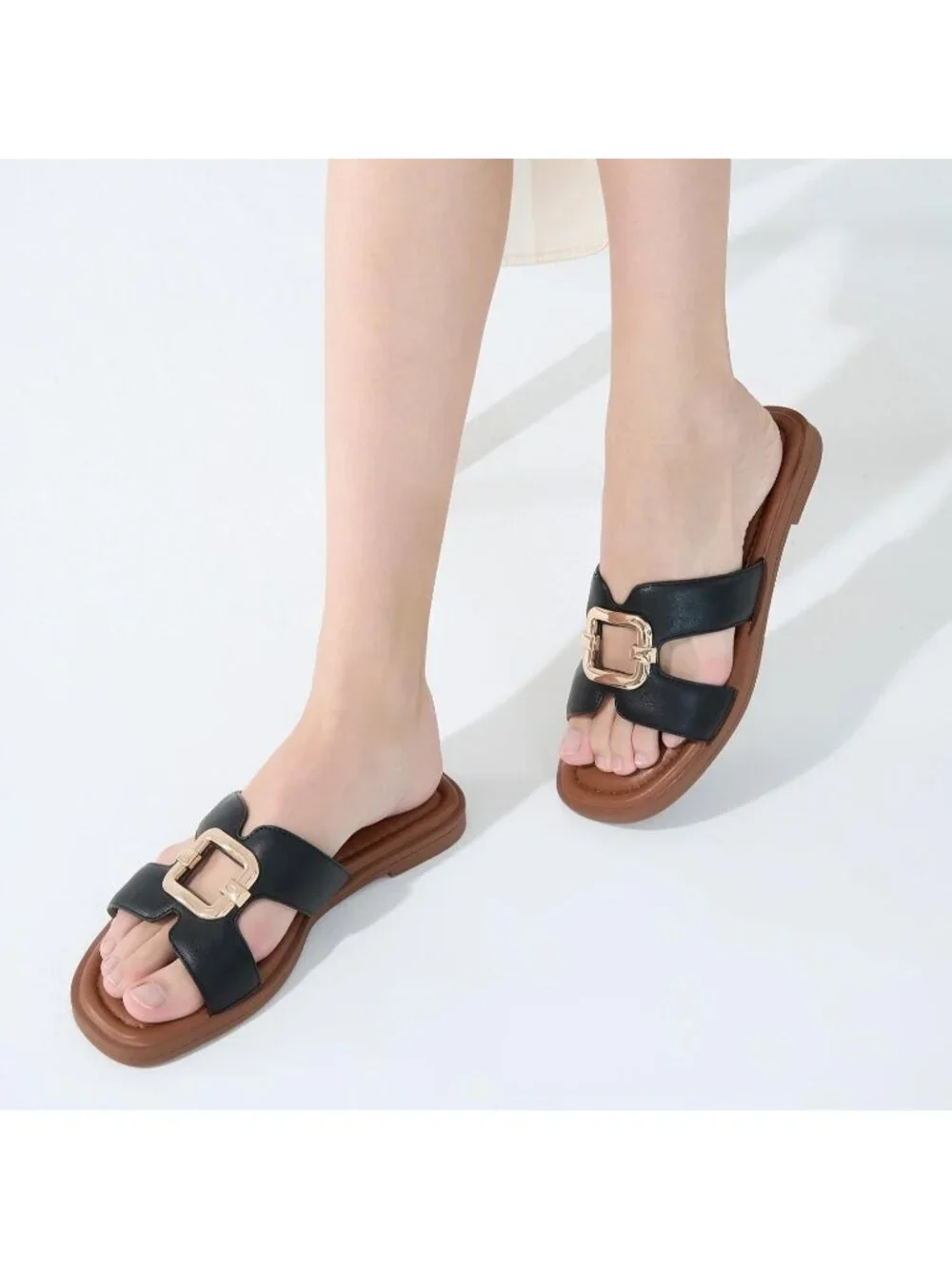 Women's Black 1 Square Toe Flat Sandals Slides Dressy Comfortable for Beach