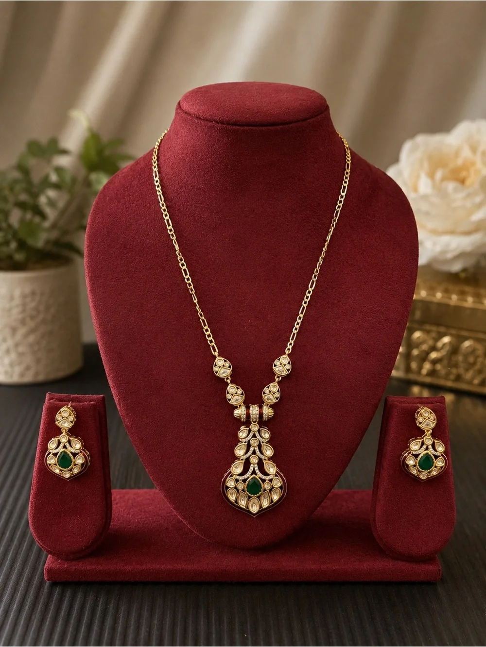 Elegant Gold-Tone Necklace & Earring Set with Green Accents