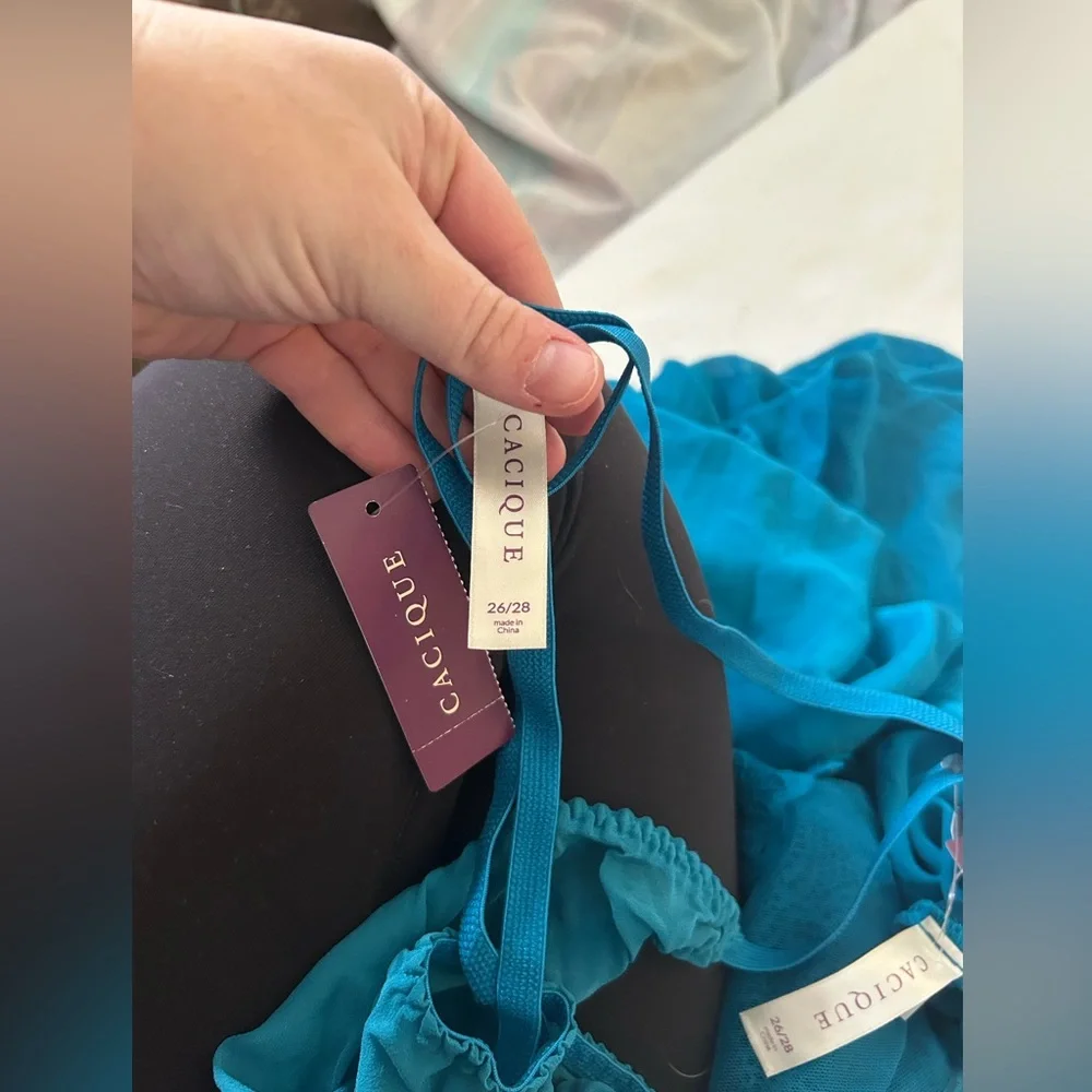 Cacique NWT teal 2 piece lingerie set matching teddy and thing lace