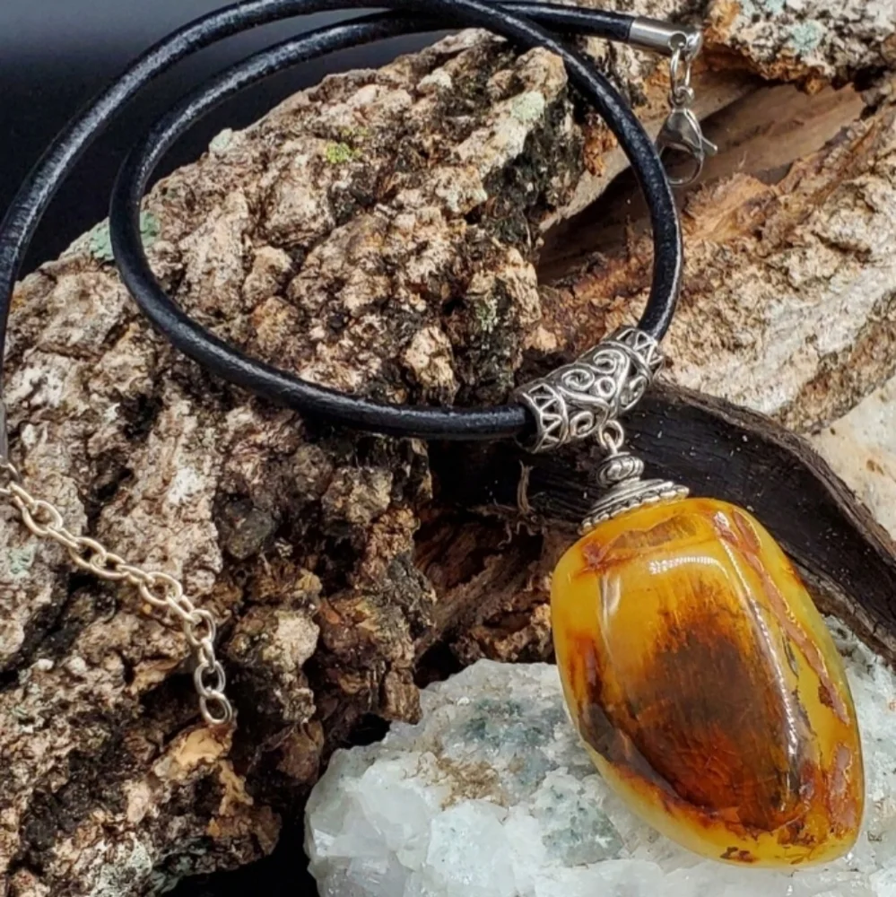 Amber Jewelry GENUINE AMBER Raw Amber Nugget Stone Pendant Leather