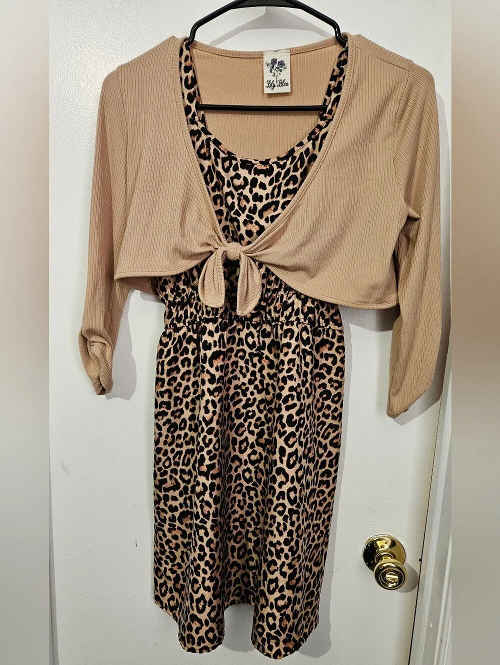 Lily Bleu Leopard Print Dress with Tan Cropped Tie-Front Cardigan 14