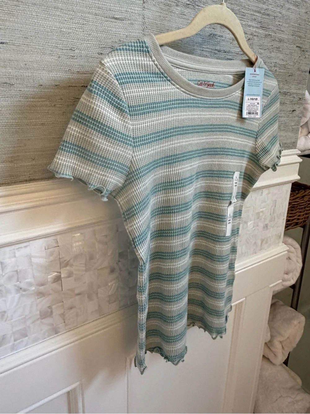 NWT new girls large 10 12 cat & jack waffle knit Striped shirt Top Cream Teal