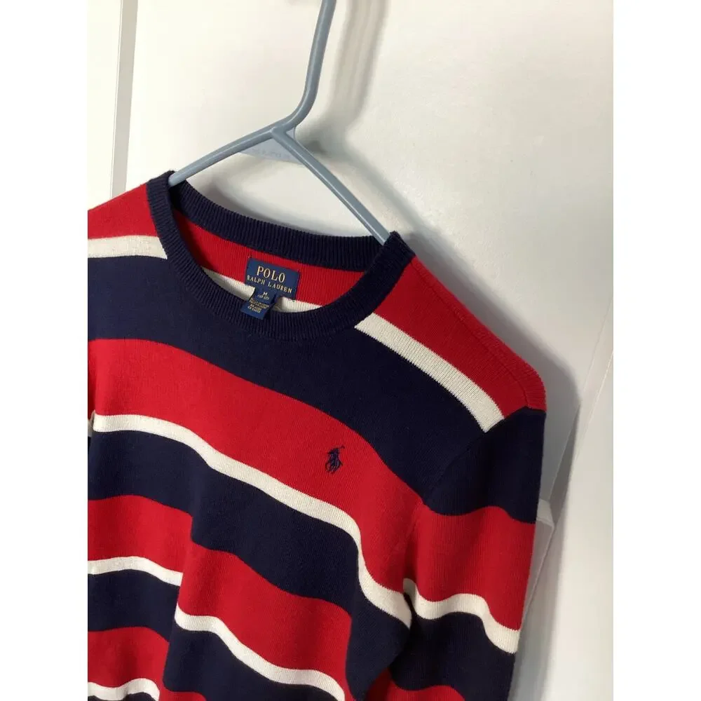 Polo Ralph Lauren Boys Pony Striped Pullover Sweater Red Blue Size Medium(10-12)