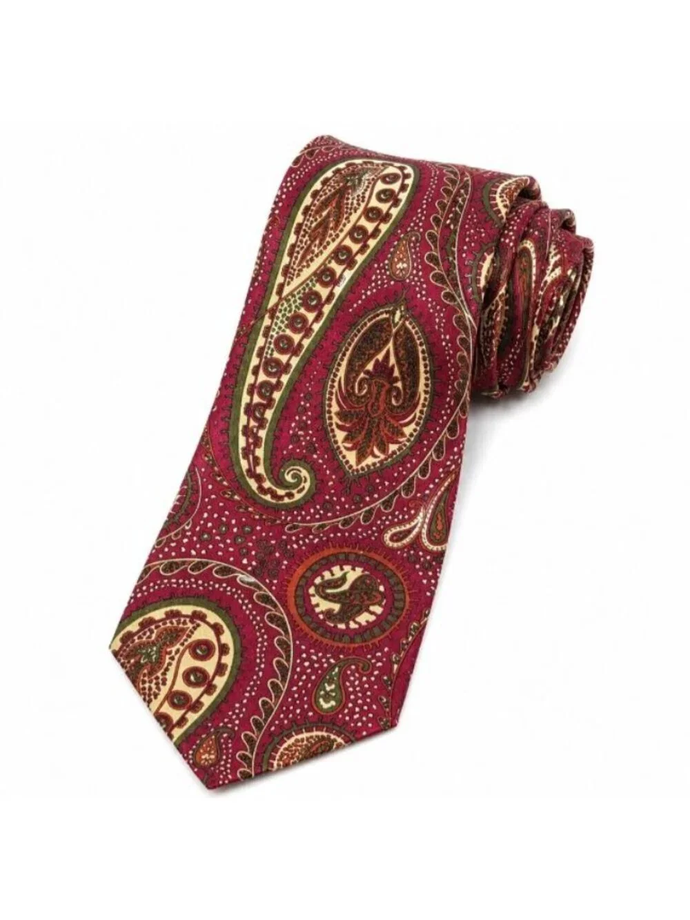 Vintage Indian Head Paisley Necktie Burgundy Red Green Cream Handmade Tie