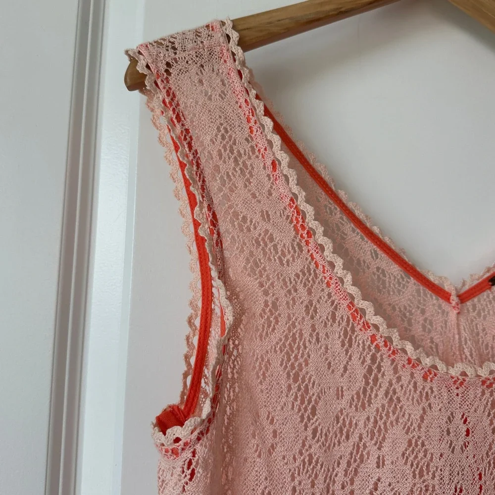 Free People Peach Lace Tiered Babydoll Tank Top Pom Pom Trim Large OB404741