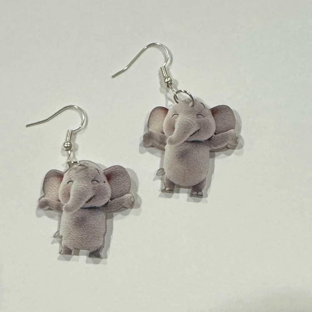 NEW! ELEPHANT Double Side Earrings Gray Dangle Embossed pierced Whimsical NWT