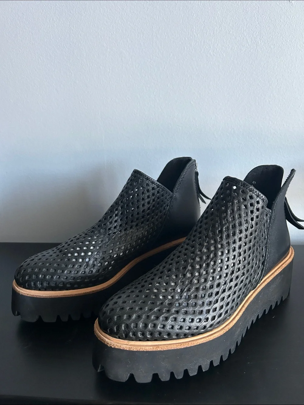 ALL BLACK  Perforated Platform Ankle Shoes 8 Black