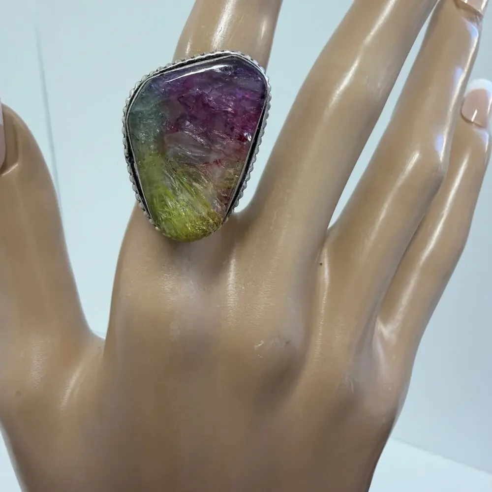 Rainbow Solar Quartz Adjustable Sterling Silver Overlay Ring‎ 4.5–7.5
