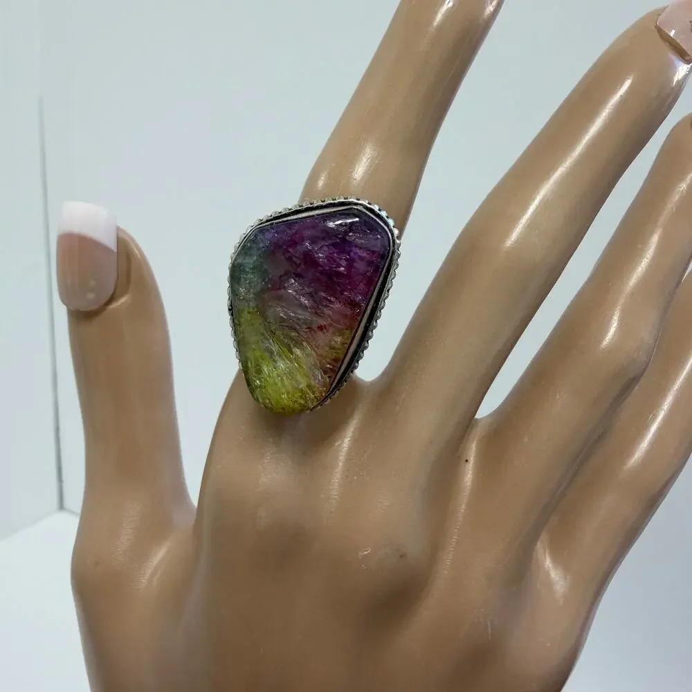 Rainbow Solar Quartz Adjustable Sterling Silver Overlay Ring‎ 4.5–7.5