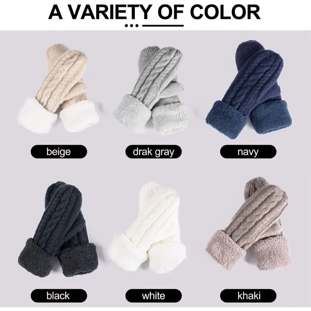 Women's Black Dark Gray Winter Warm Imported Fleece Lining Wool Knit Thick Glove