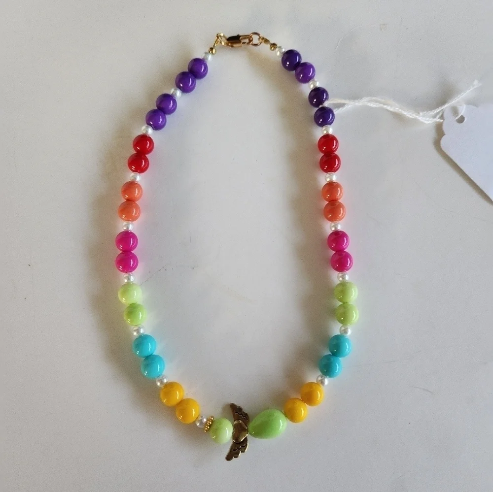 Hand Crafted Necklace and Pierced Drop Earrings Angel Wings Pearls Pink Beads