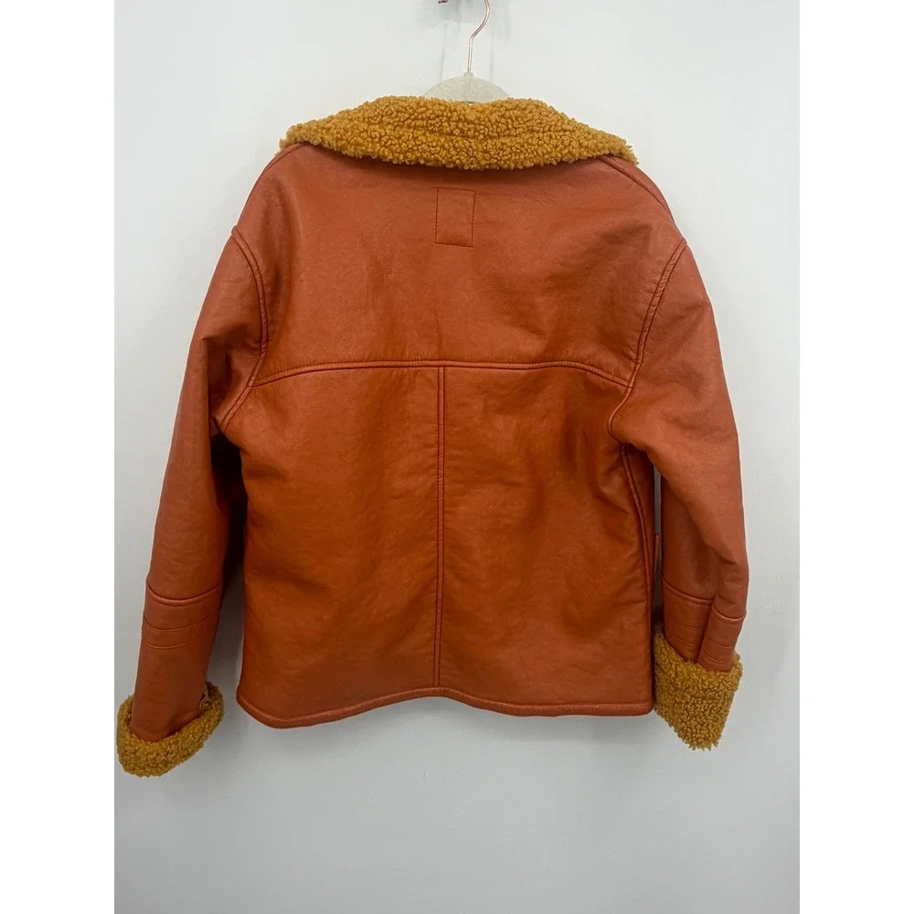 We The Free Free People kaja Vegan Leather Jacket sz Small Orange Shearling Coat