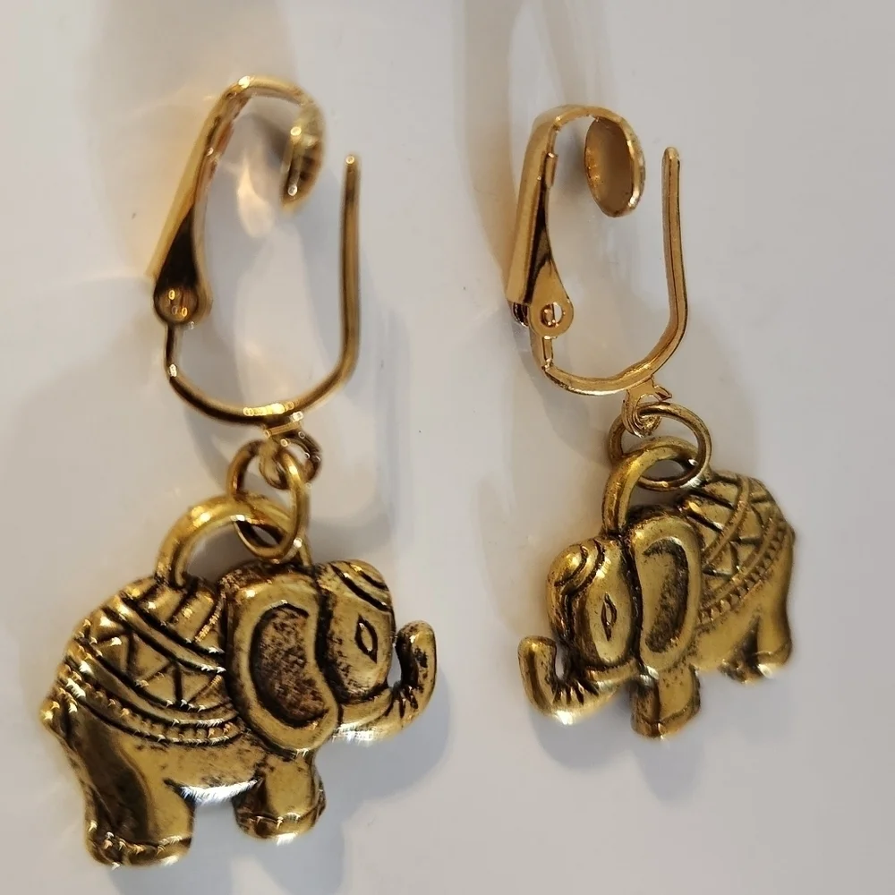 Hand Crafted Clip on Earrings Elephant Charm Antique Gold Drop Dangle