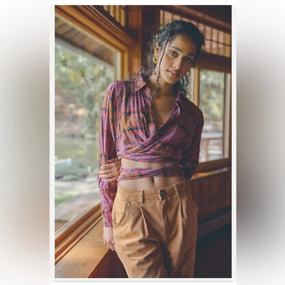 Free People We The Free Purple One Way Plaid Wrap Top Size Xs Crop Top NWT