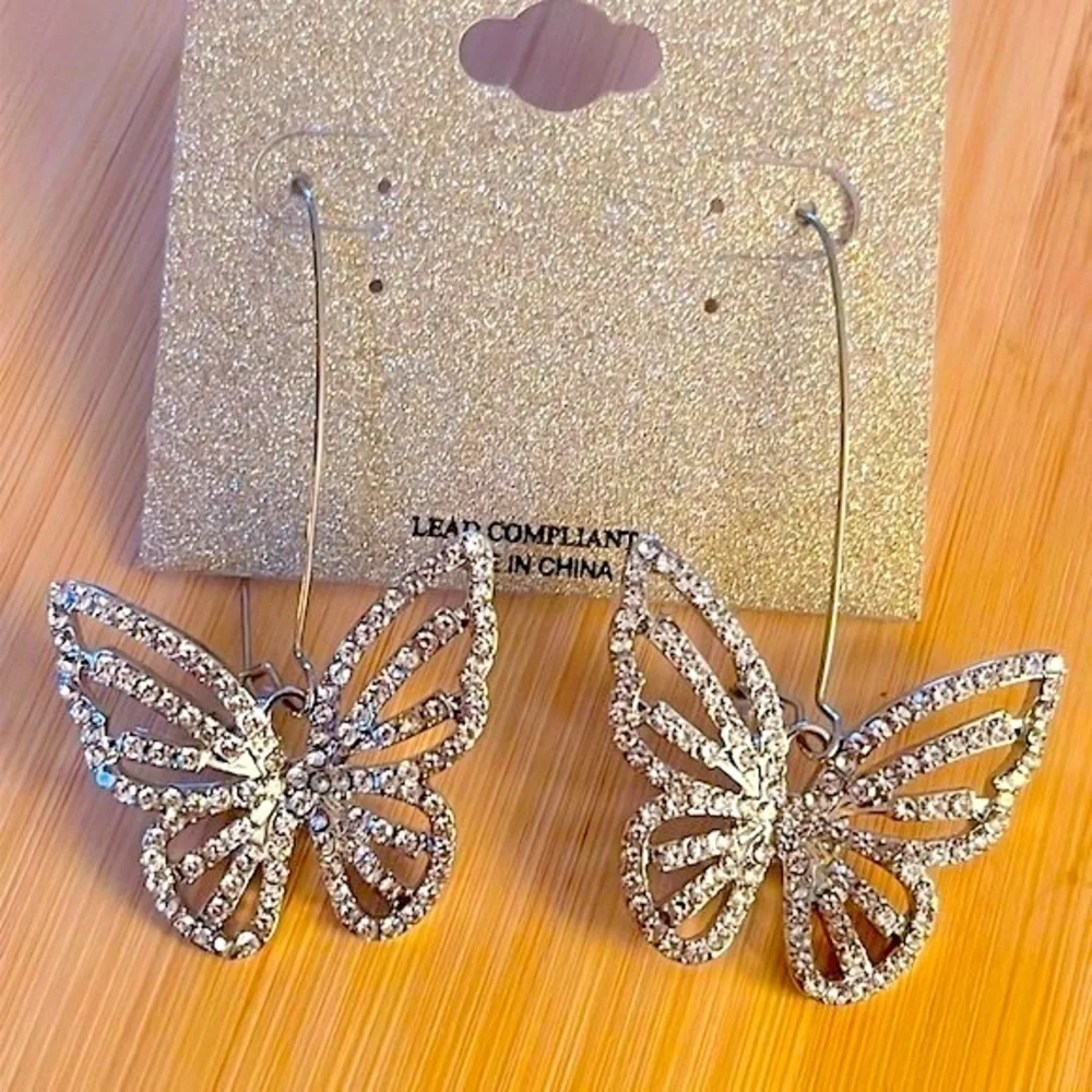 Brand New Natasha Rhinestone Butterfly Silver Tone Drop Earrings Sparkly