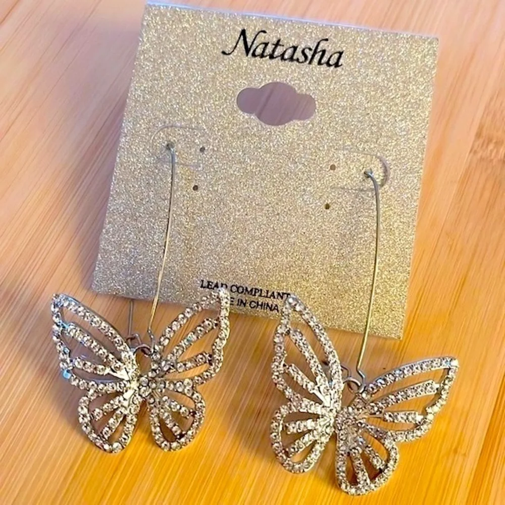 Brand New Natasha Rhinestone Butterfly Silver Tone Drop Earrings Sparkly