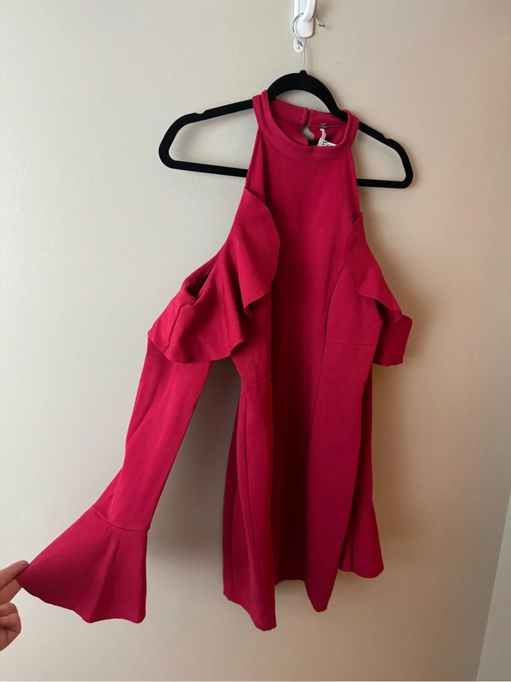 Free People Cold-Shoulder Red Bodycon Dress with High Neck Medium