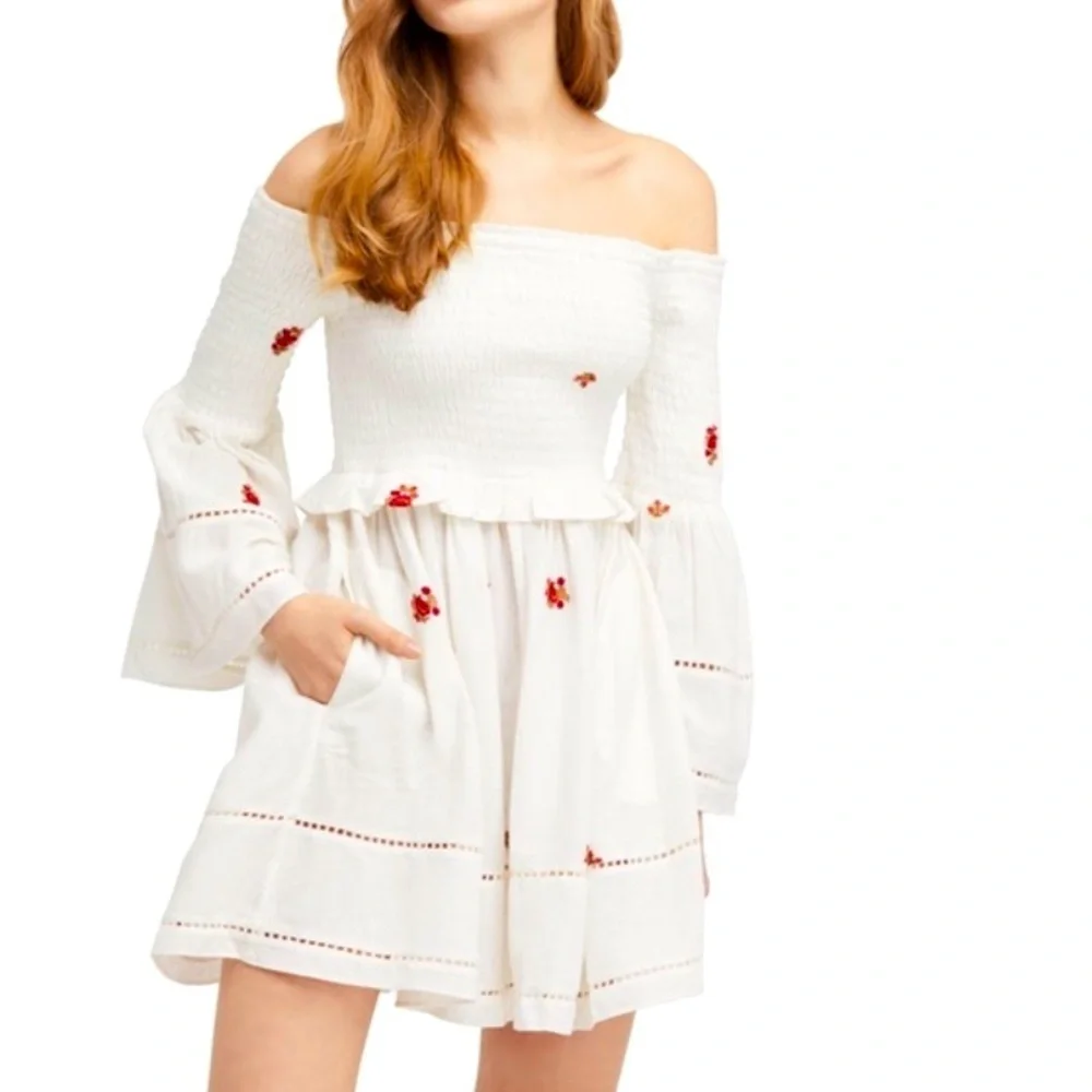 Nwt counting daisy’s free people white red embroidered floral spring dress boho