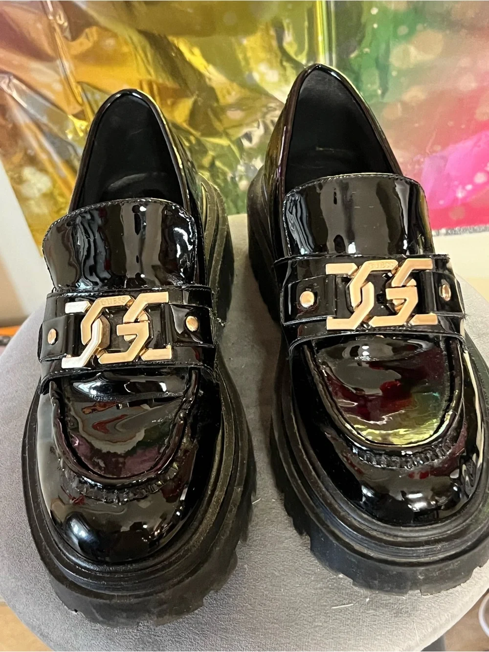 Guess Black Patent Leather Chunky Loafers with Gold Hardware