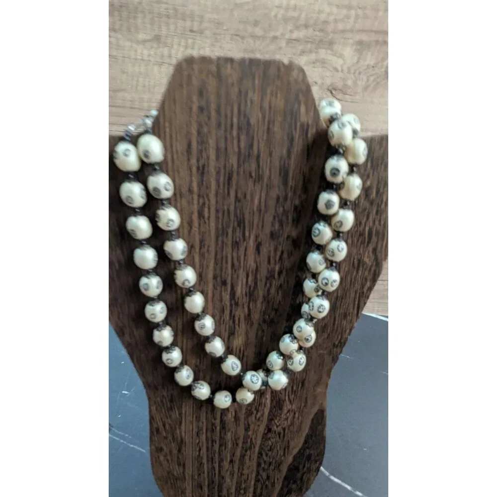 Handcrafted Double-Strand Cream Bead Necklace  Black Accents Floral‎ Etched