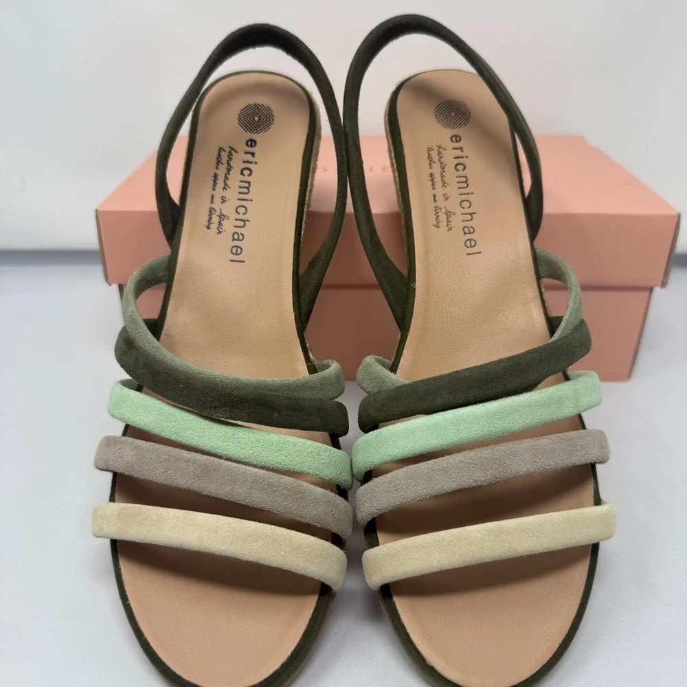 Eric Michael Elva Multi Green Suede Espadrille Wedge Sandals Spain 41 Womens