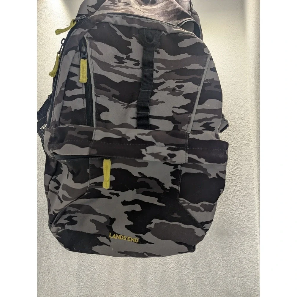 Lands' End Backpack Camo 3 Zip Large Pockets 2 Bottle Pockets Black Gray Yellow