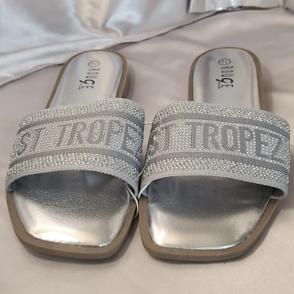 SILVER RHINESTONES ROUGE HELIUM ST TROPEZ LOGO SLIDES