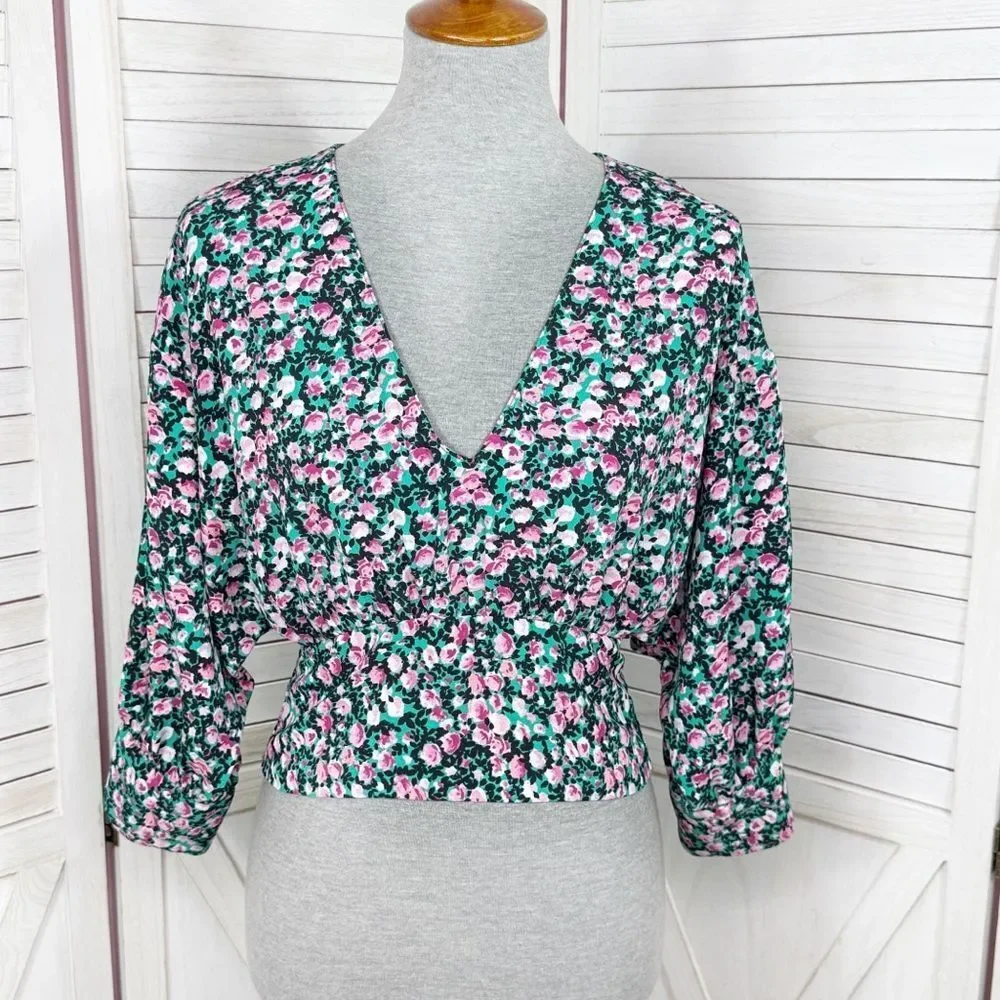 Zara Floral V-Neck Smocked Waist Crop Top Blouse Pink Green Medium‎