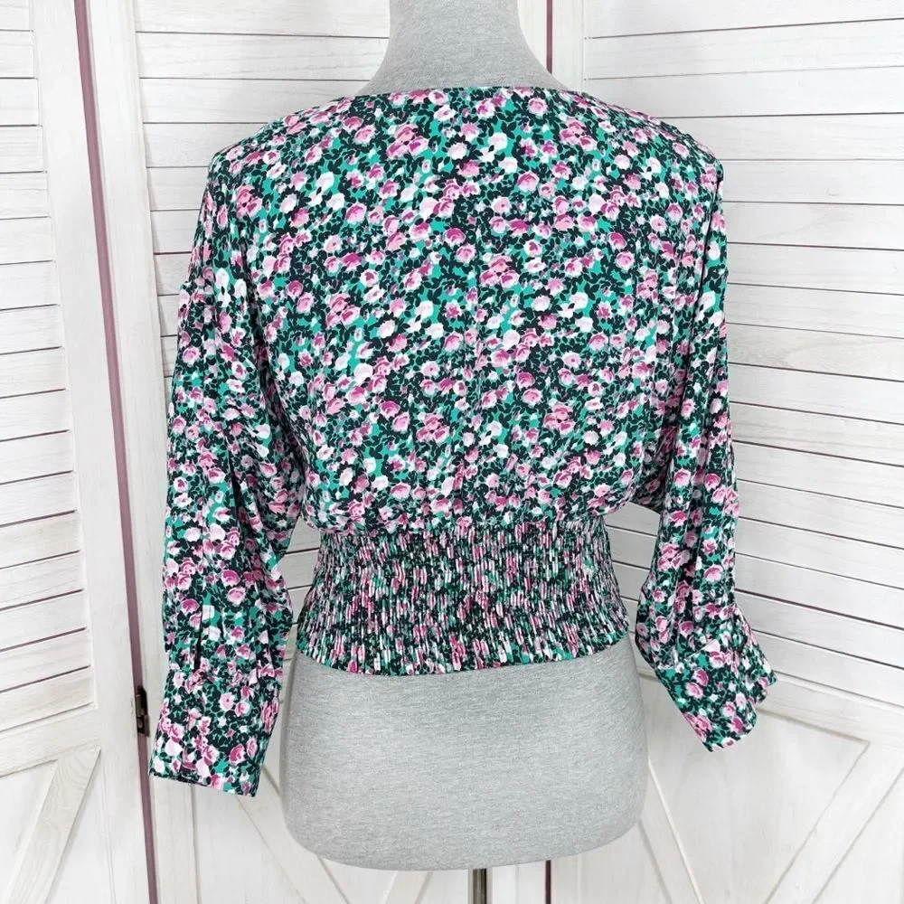 Zara Floral V-Neck Smocked Waist Crop Top Blouse Pink Green Medium‎
