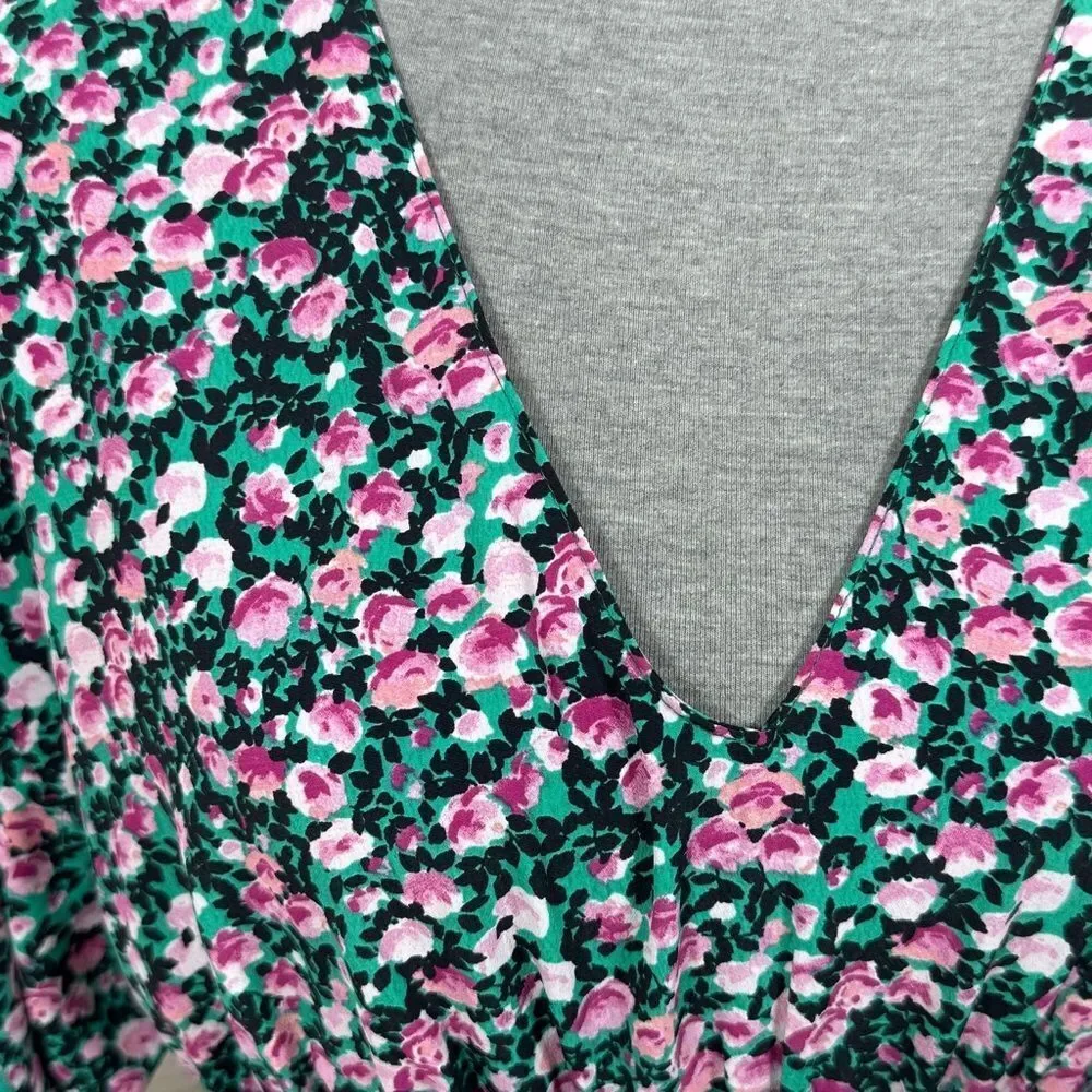 Zara Floral V-Neck Smocked Waist Crop Top Blouse Pink Green Medium‎
