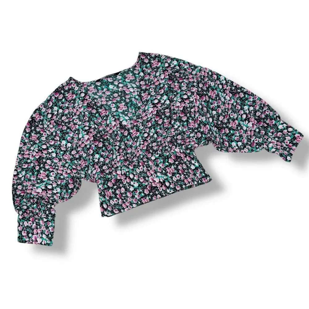 Zara Floral V-Neck Smocked Waist Crop Top Blouse Pink Green Medium‎
