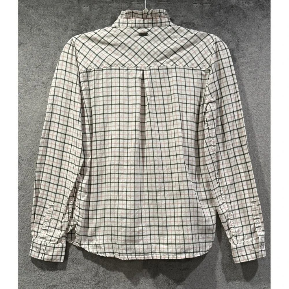 Barbour Daffodil Shirt Pink Green Plaid Ruffle Collar Puff Sleeve Cotton Size 6