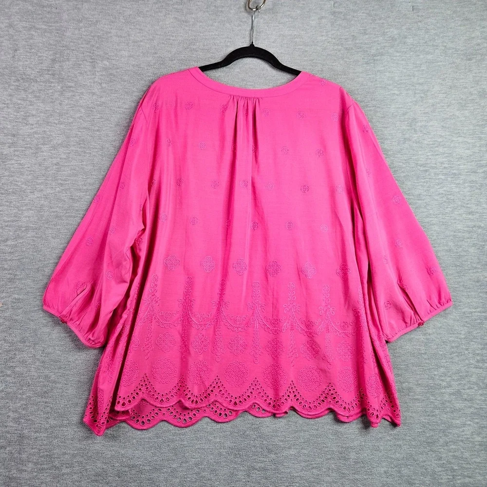 Talbots Women's 3XP Pink Embroidered Eyelet Hem Blouse 3/4 Sleeve Shirt