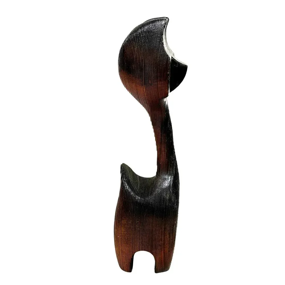 Unique vintage carved wood cat figurine 1970's dark brown textured wood grain
