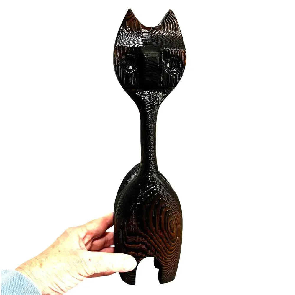 Unique vintage carved wood cat figurine 1970's dark brown textured wood grain