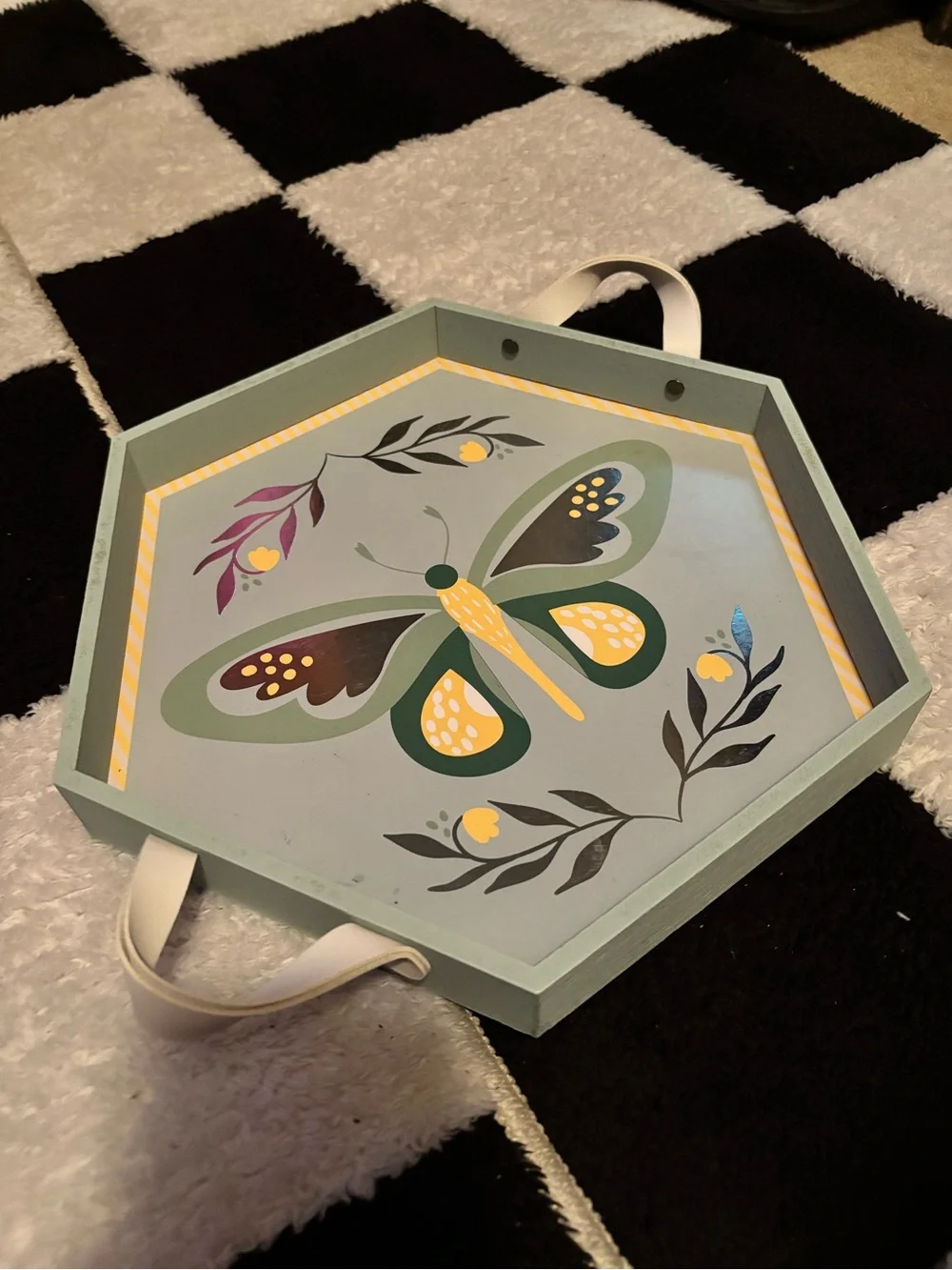 Hand-Painted Hexagon Butterfly Serving Tray in Sage + Yellow