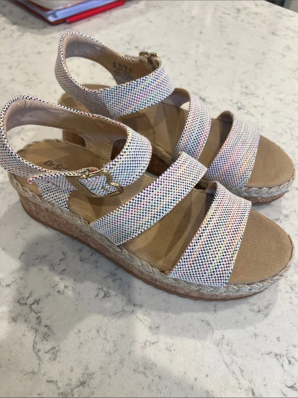 New Dr. Scholl's Multicolor Sparkle Wedge Sandals with Tan Footbed